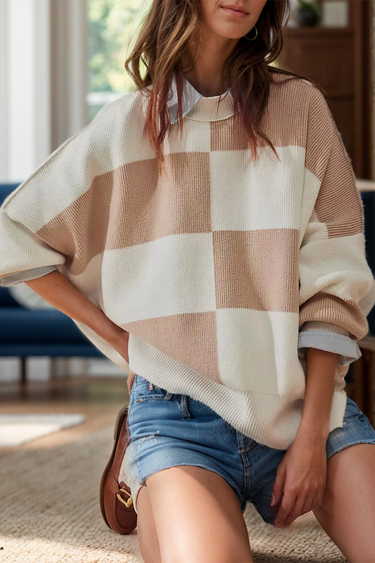 Color Block Round Neck Long Sleeve Sweater - The Goddess Galleries