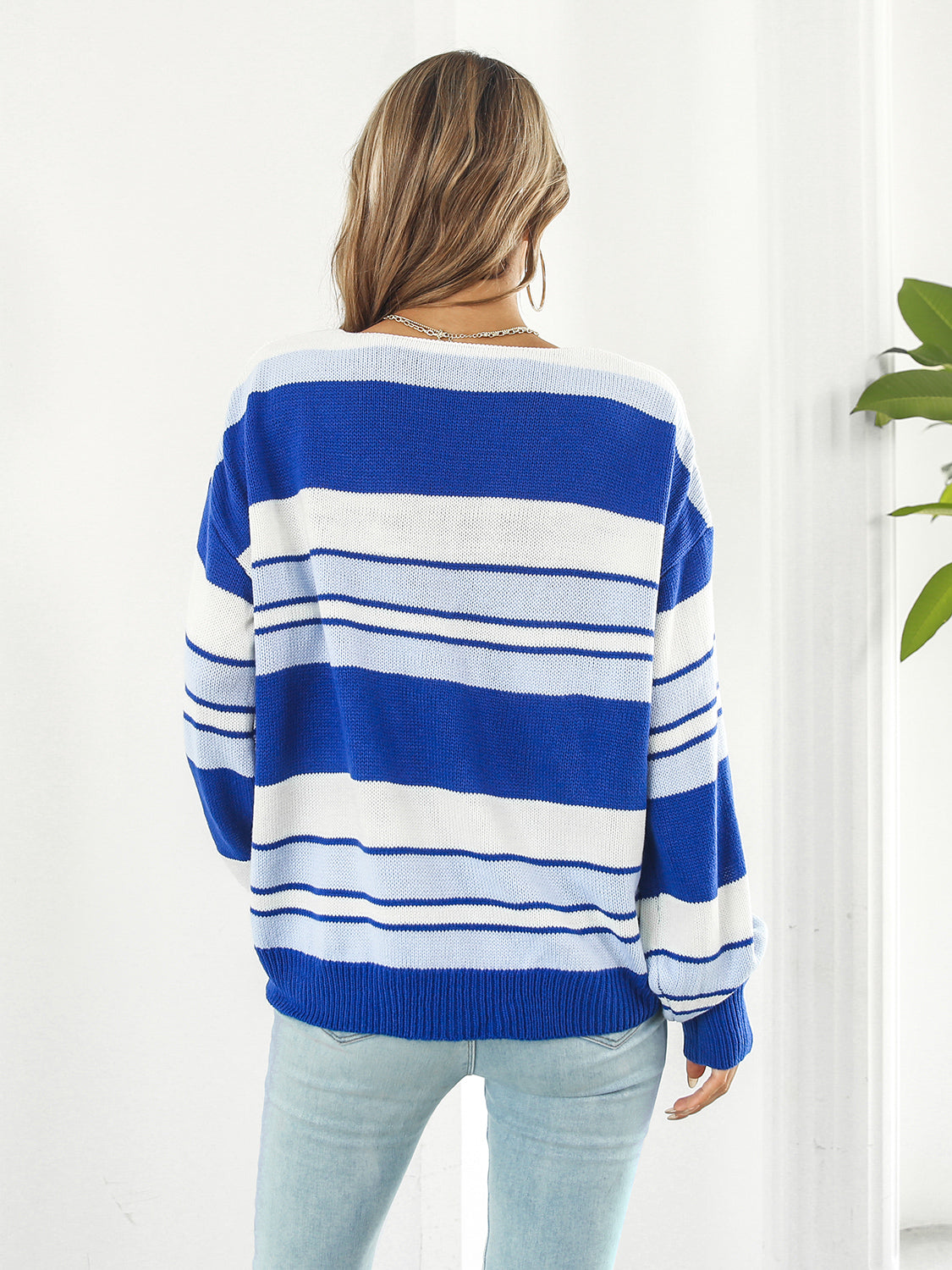 Striped V-Neck Long Sleeve Knit Top - The Goddess Galleries