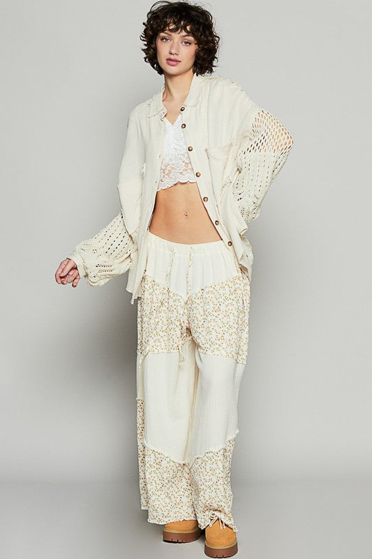 POL Openwork Lantern Sleeve Button Down Gauze Shirt - The Goddess Galleries