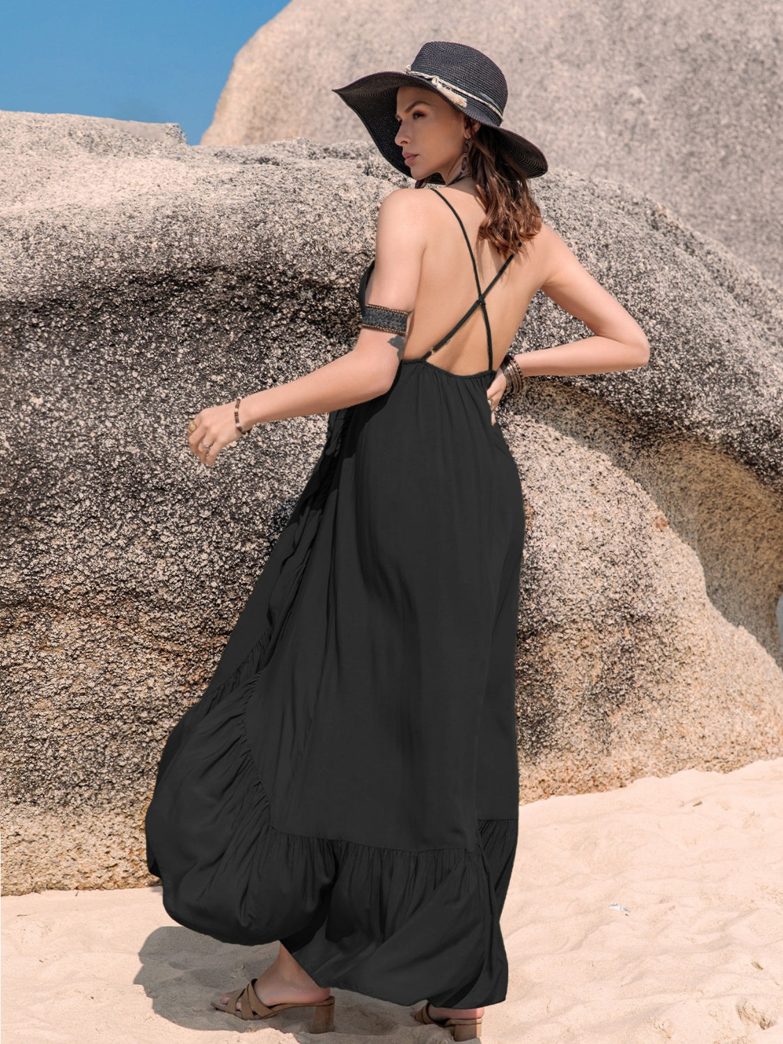 Crisscross Back Drawstring Ruffle Trim Maxi Dress - The Goddess Galleries