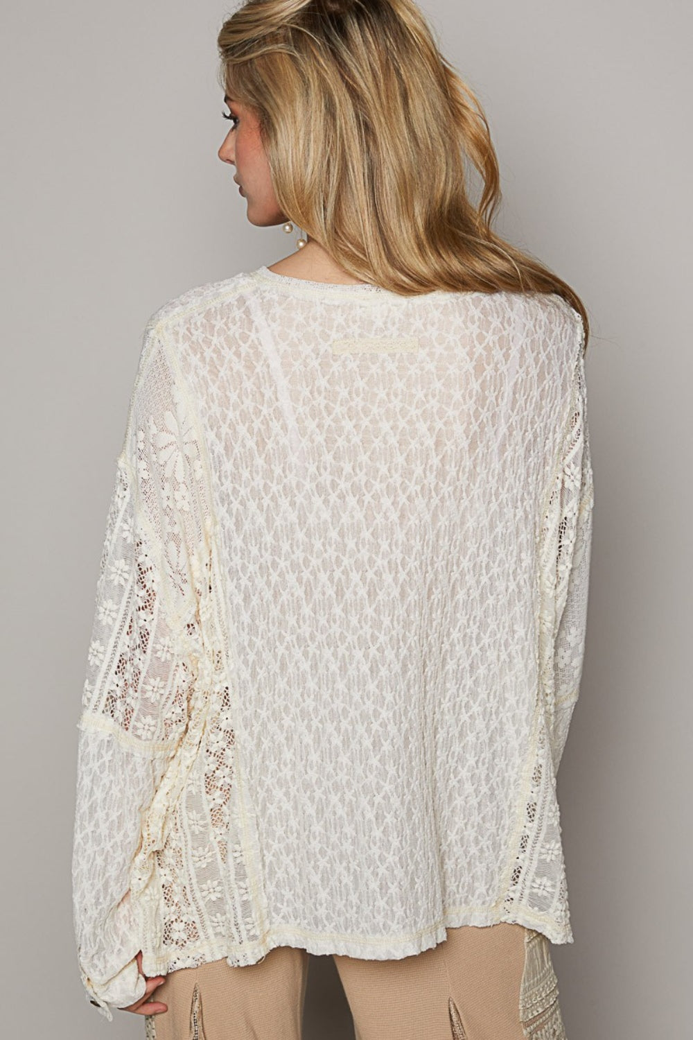 POL Round Neck Long Sleeve Raw Edge Lace Top - The Goddess Galleries