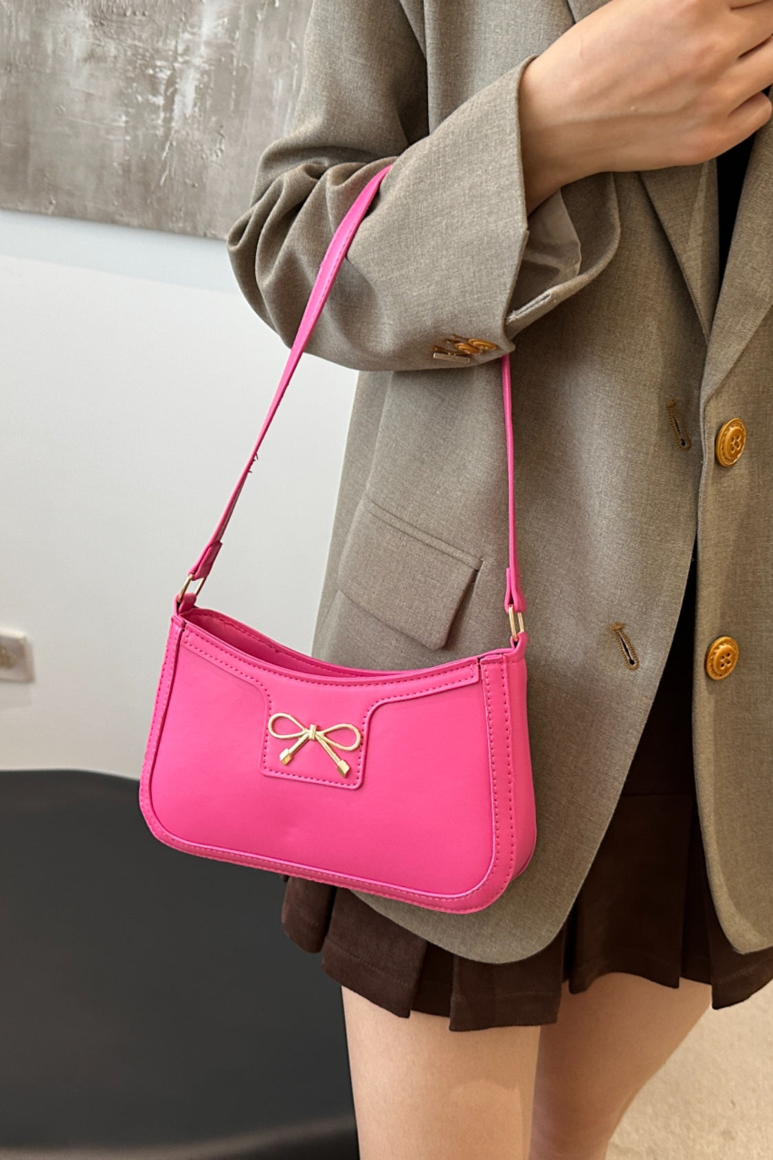 Bow Trim PU Leather Shoulder Bag - The Goddess Galleries