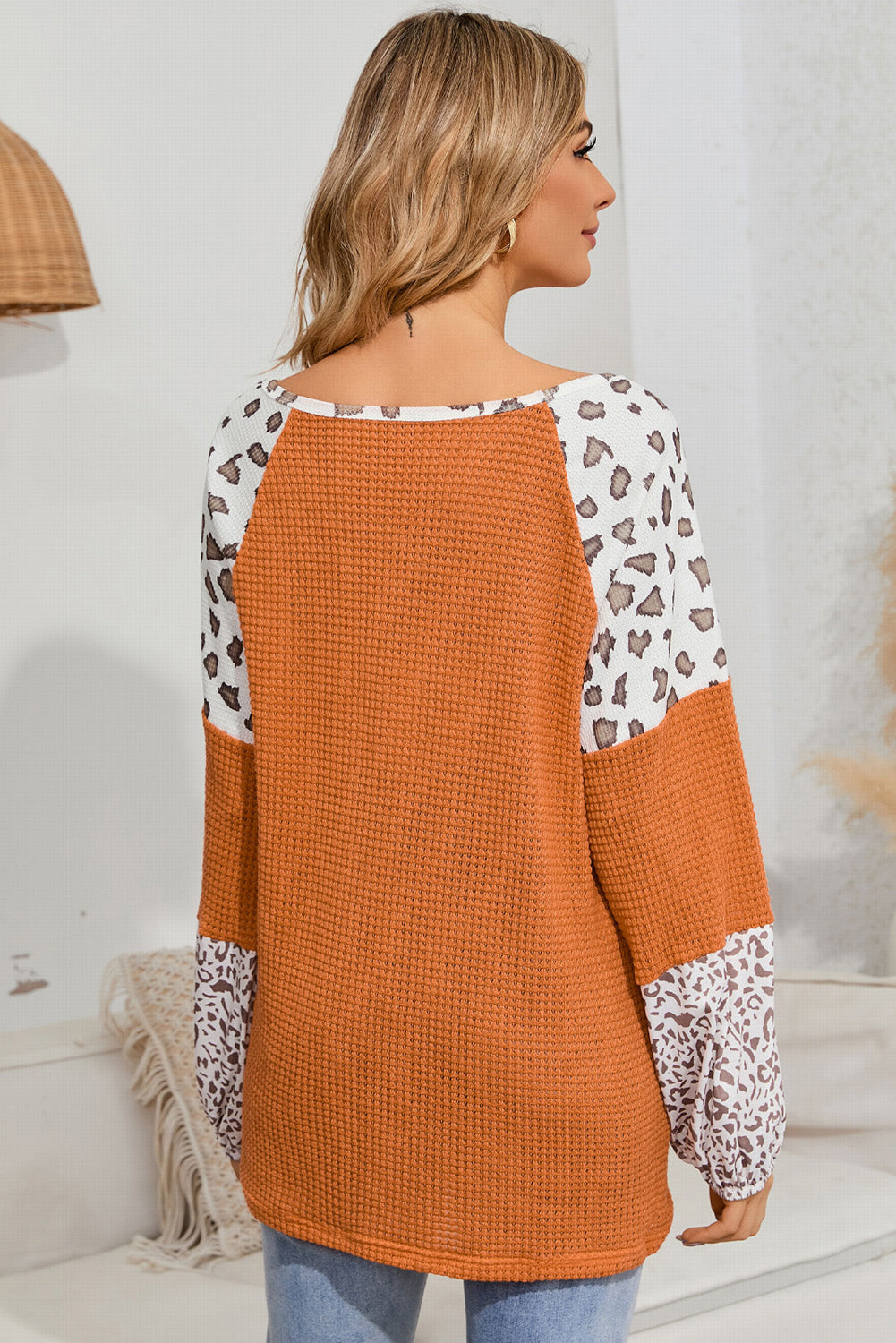 Leopard Waffle-Knit Long Sleeve Blouse - The Goddess Galleries