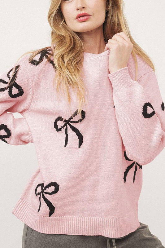 Bow Pattern Round Neck Loose Fit Sweater - The Goddess Galleries