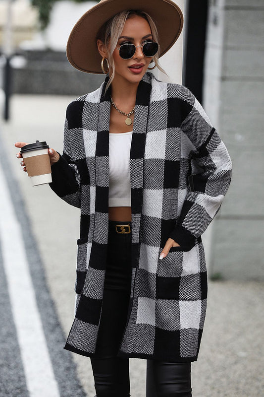 Plaid Dropped Shoulder Cardigan with Pocket - The Goddess Galleries