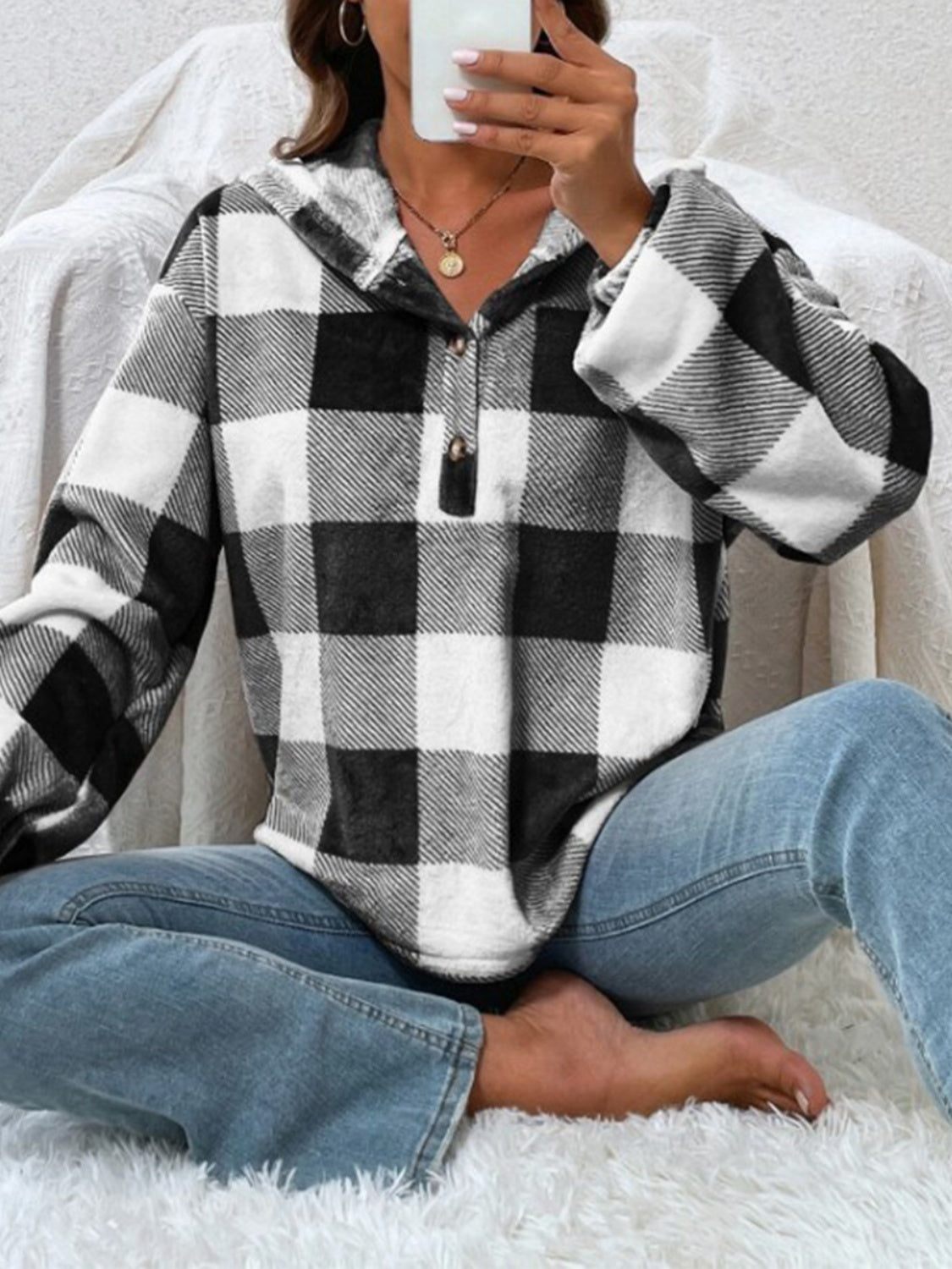 Plaid Half Button Long Sleeve Hoodie - The Goddess Galleries