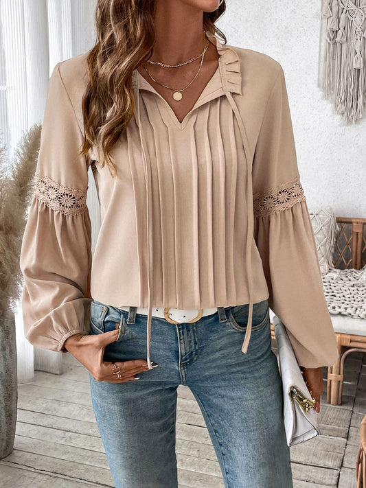 Perfee Frill Tie Neck Long Sleeve Blouse - The Goddess Galleries