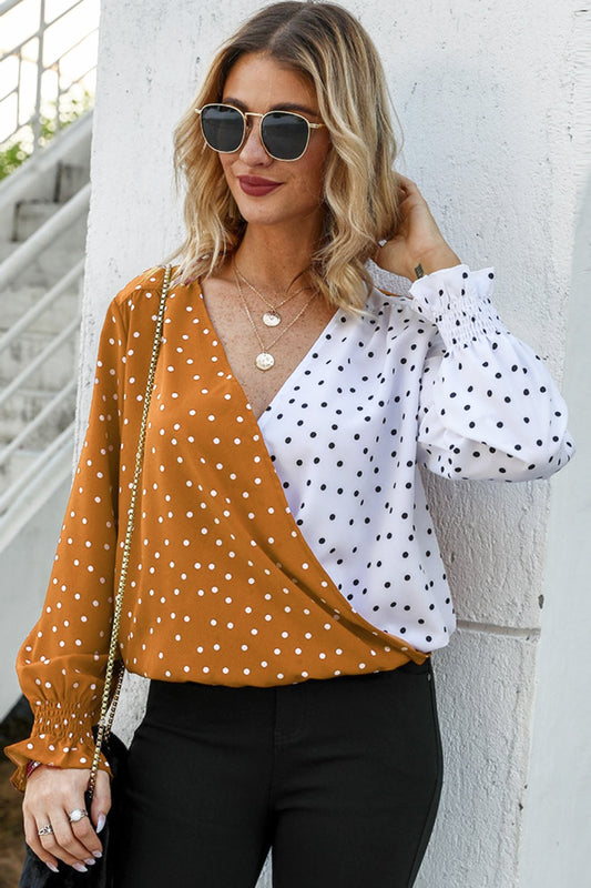 Ivy Lane Polka Dot Surplice Neck Lantern Sleeve Blouse - The Goddess Galleries