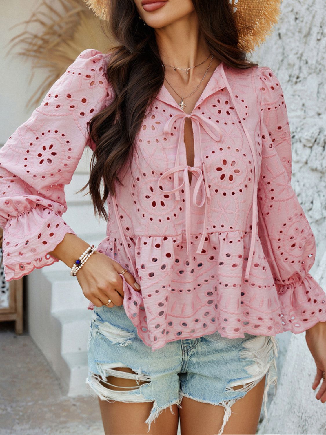 Devine Tie Front Flounce Sleeve Peplum Blouse - The Goddess Galleries