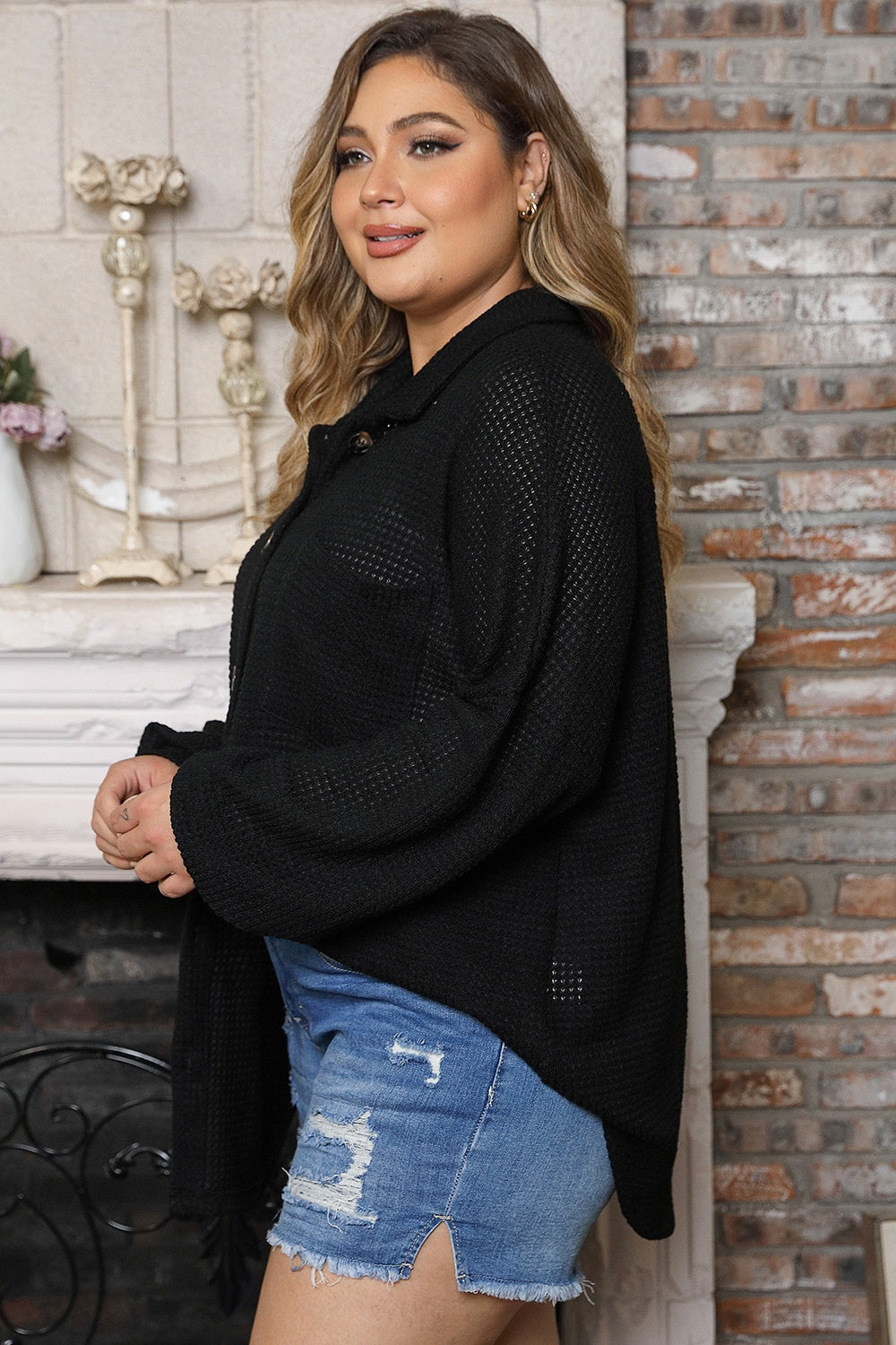Plus Size Waffle Knit Button Up Collared Neck Shirt - The Goddess Galleries