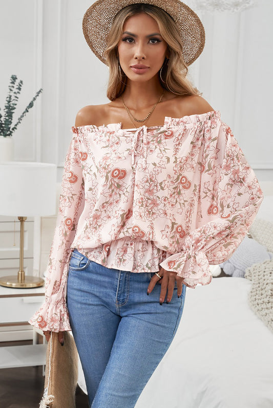 Floral Flounce Sleeve Frilled Off-Shoulder Blouse - The Goddess Galleries