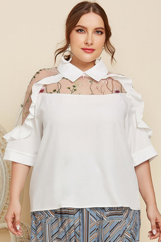 Plus Size Embroidered Ruffle Trim Collared Half Sleeve Blouse - The Goddess Galleries
