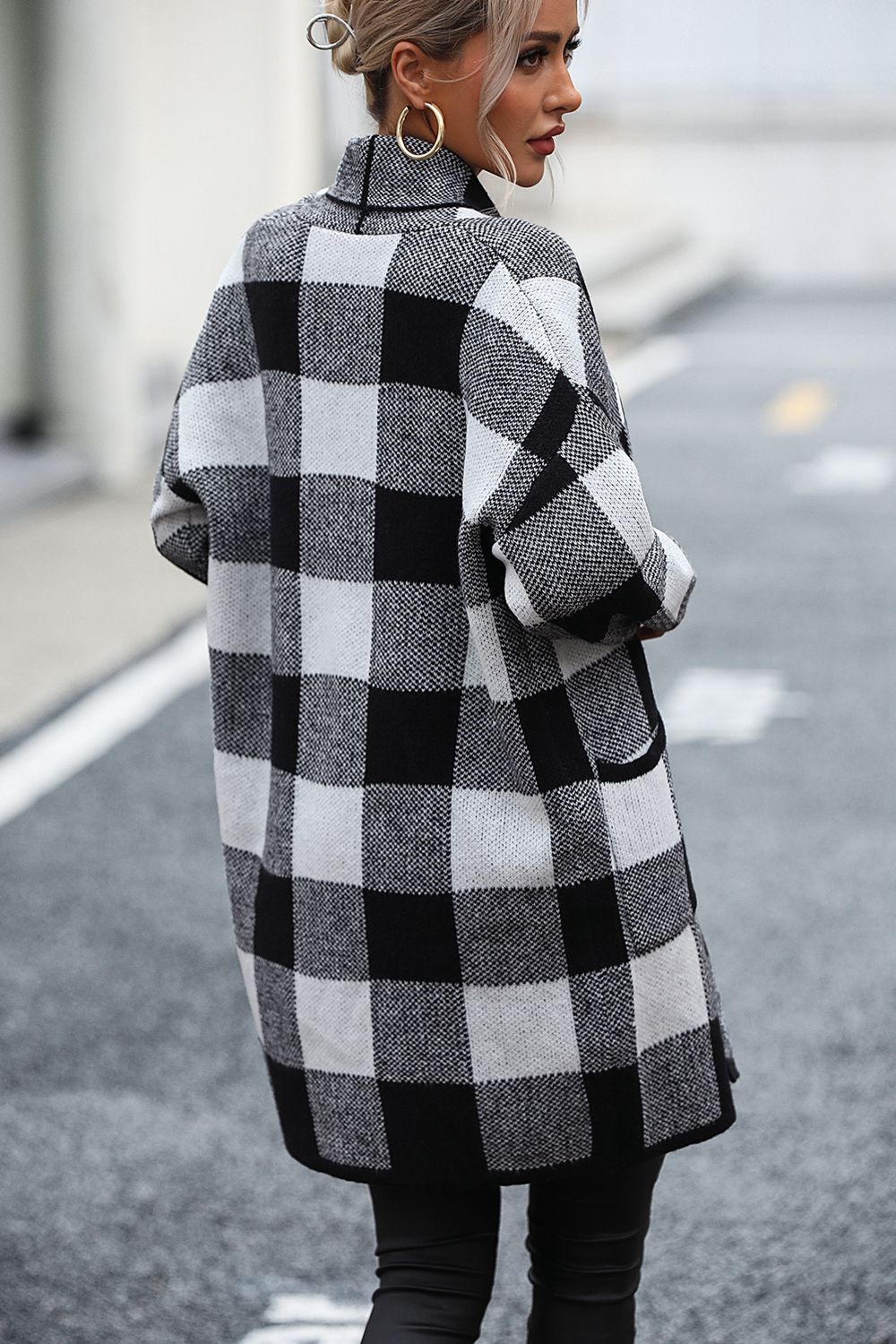 Plaid Dropped Shoulder Cardigan with Pocket - The Goddess Galleries