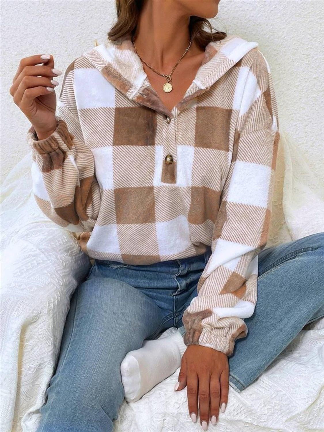 Plaid Half Button Long Sleeve Hoodie - The Goddess Galleries