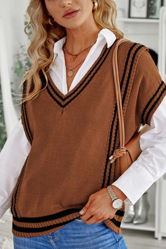 Striped Trim V-Neck Sweater Vest - The Goddess Galleries