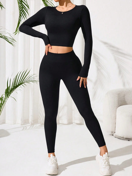 Lace-Up Back Round Neck Top and Leggings Active Set - The Goddess Galleries