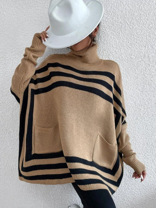 Striped Turtleneck Batwing Sleeve Sweater with Pockets - The Goddess Galleries