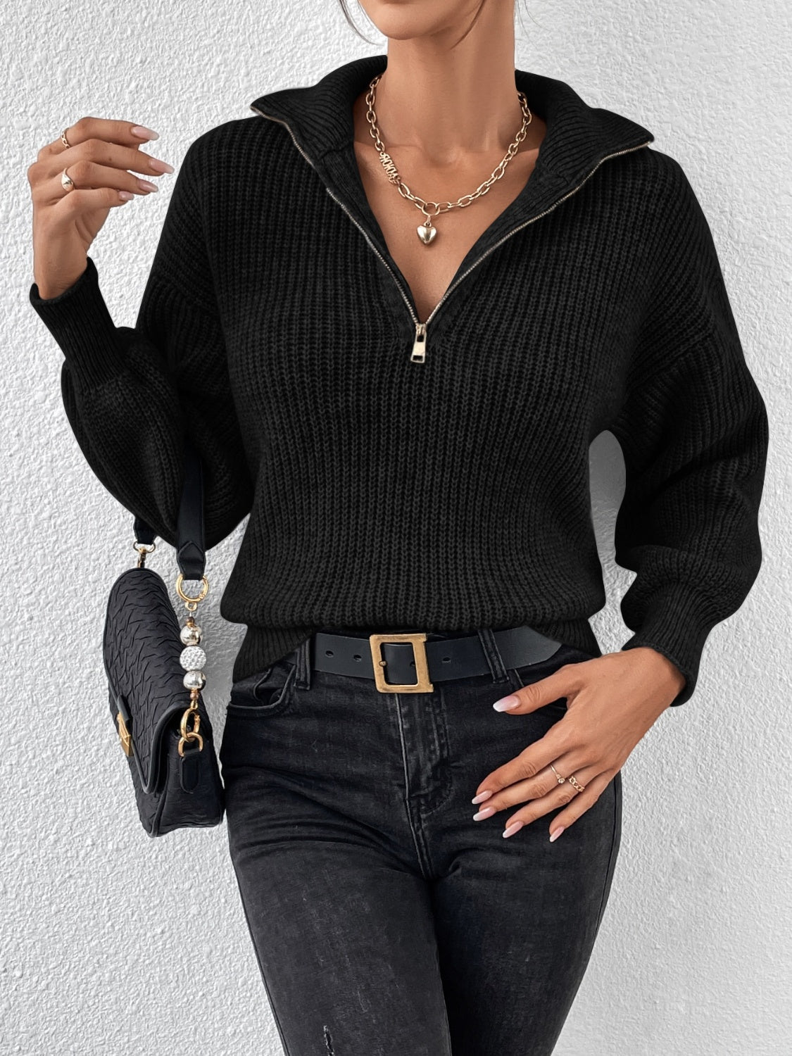 Honey Half Zip Dropped Shoulder Sweater - The Goddess Galleries