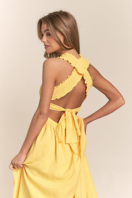 J.NNA Texture Crisscross Back Tie Smocked Maxi Dress - The Goddess Galleries