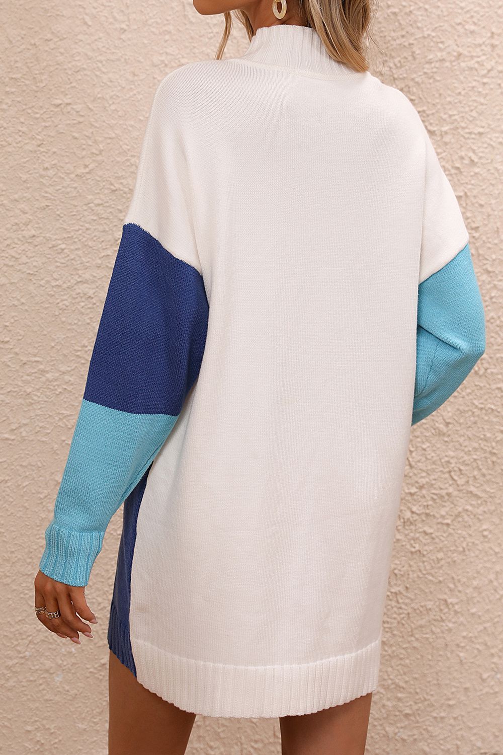 Color Block Mock Neck Dropped Shoulder Sweater Dress - The Goddess Galleries