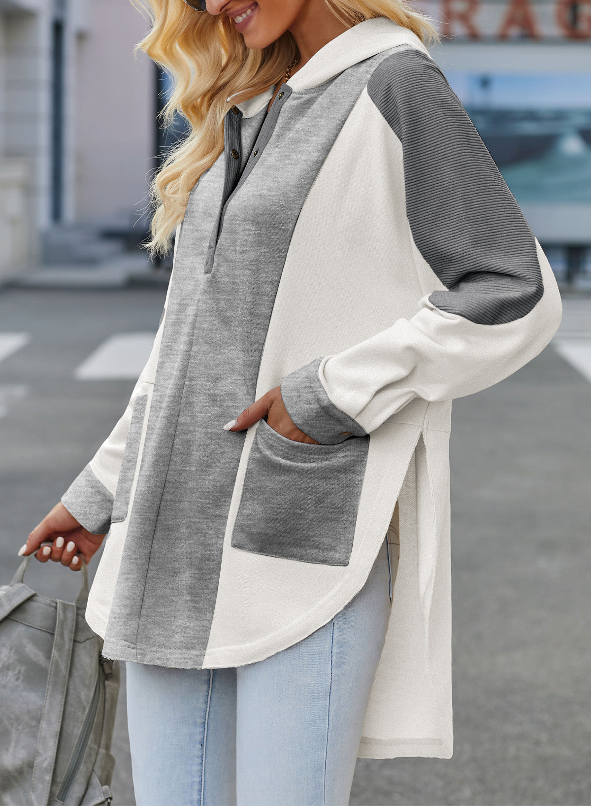 Color Block Quarter Snap Hoodie - The Goddess Galleries