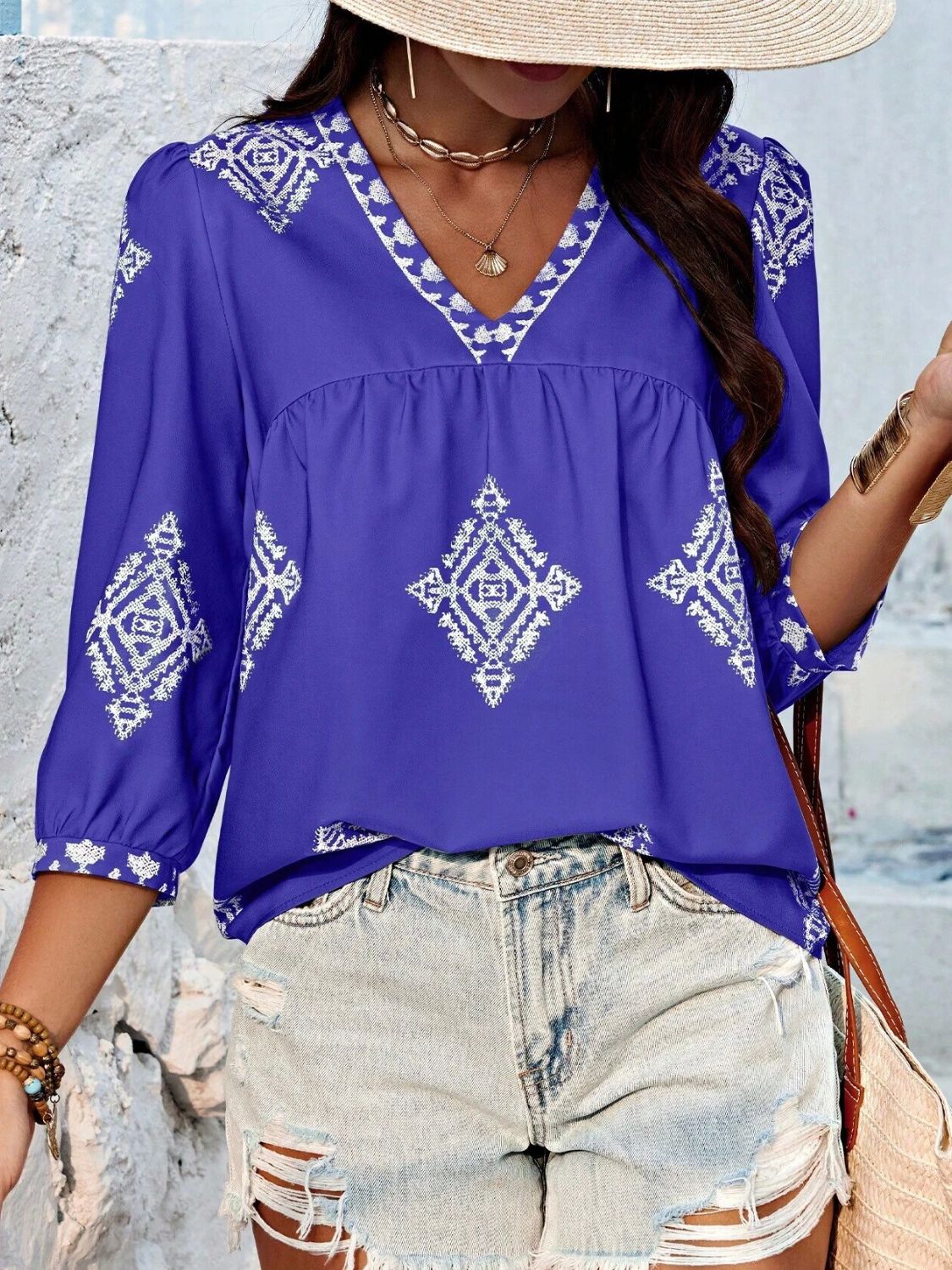 Printed V-Neck Three-Quarter Sleeve Blouse - The Goddess Galleries