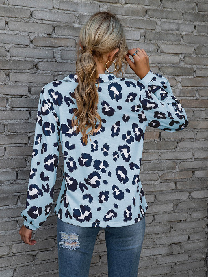 Leopard V-Neck Decorative Button Long Sleeve Blouse - The Goddess Galleries