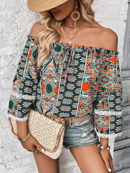 Perfee Printed Frill Trim Off-Shoulder Blouse - The Goddess Galleries