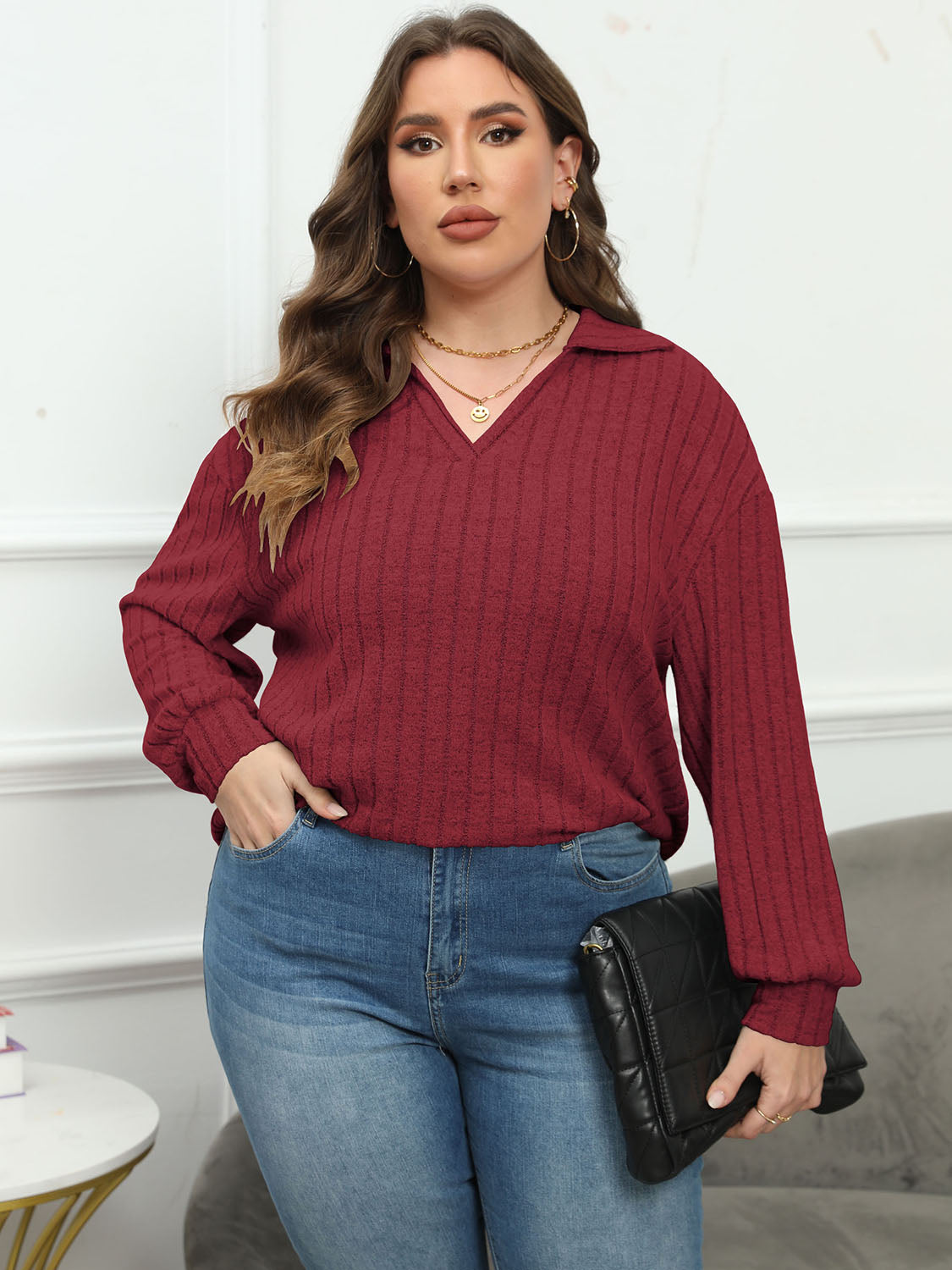Plus Size Ribbed Collared Neck Long Sleeve Blouse - The Goddess Galleries