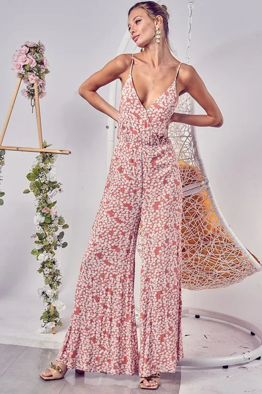 BiBi Floral Print Cirnkled Gauze Spaghetti Strap Jumpsuit - The Goddess Galleries