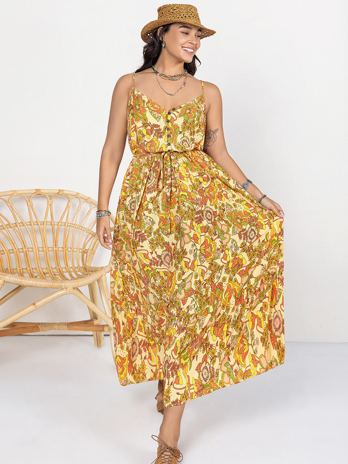 Plus Size Printed V-Neck Maxi Cami Dress - The Goddess Galleries
