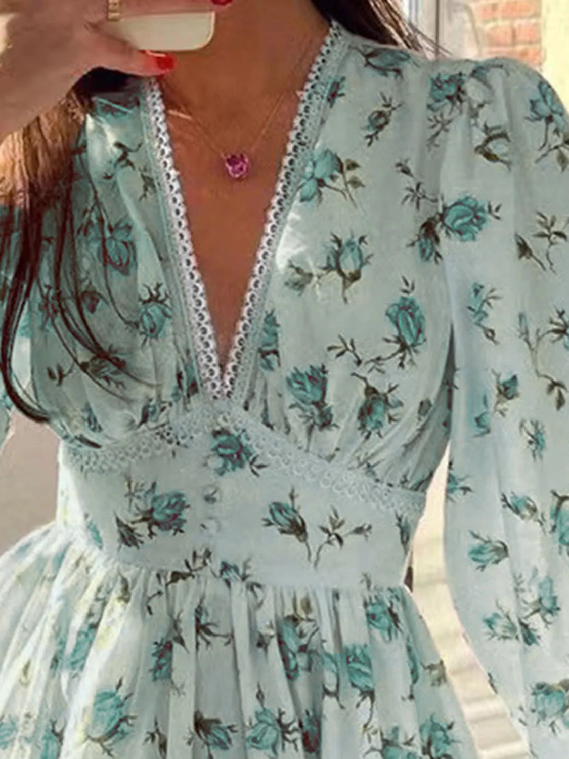 Lace Detail V-Neck Balloon Sleeve Dress - The Goddess Galleries