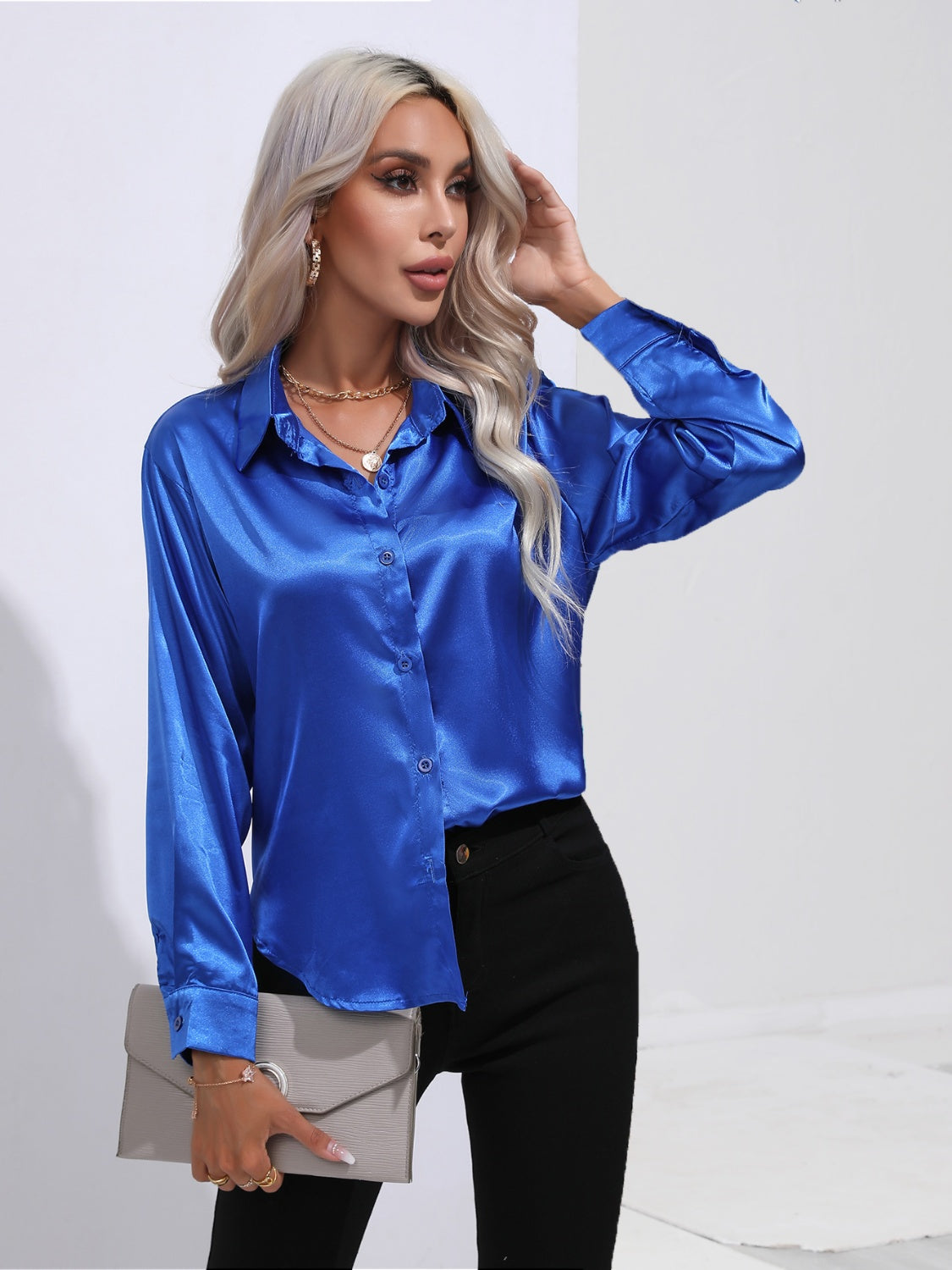 Collared Neck Buttoned Long Sleeve Shirt - The Goddess Galleries