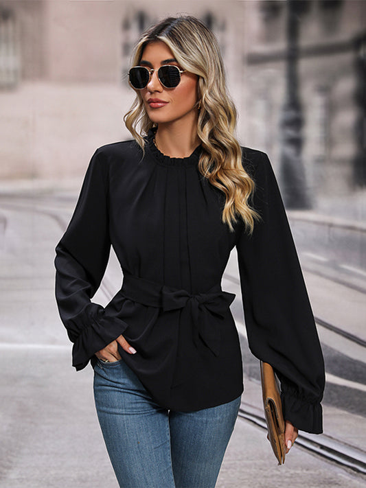 Perfee Round Neck Tie Waist Long Sleeve Blouse - The Goddess Galleries