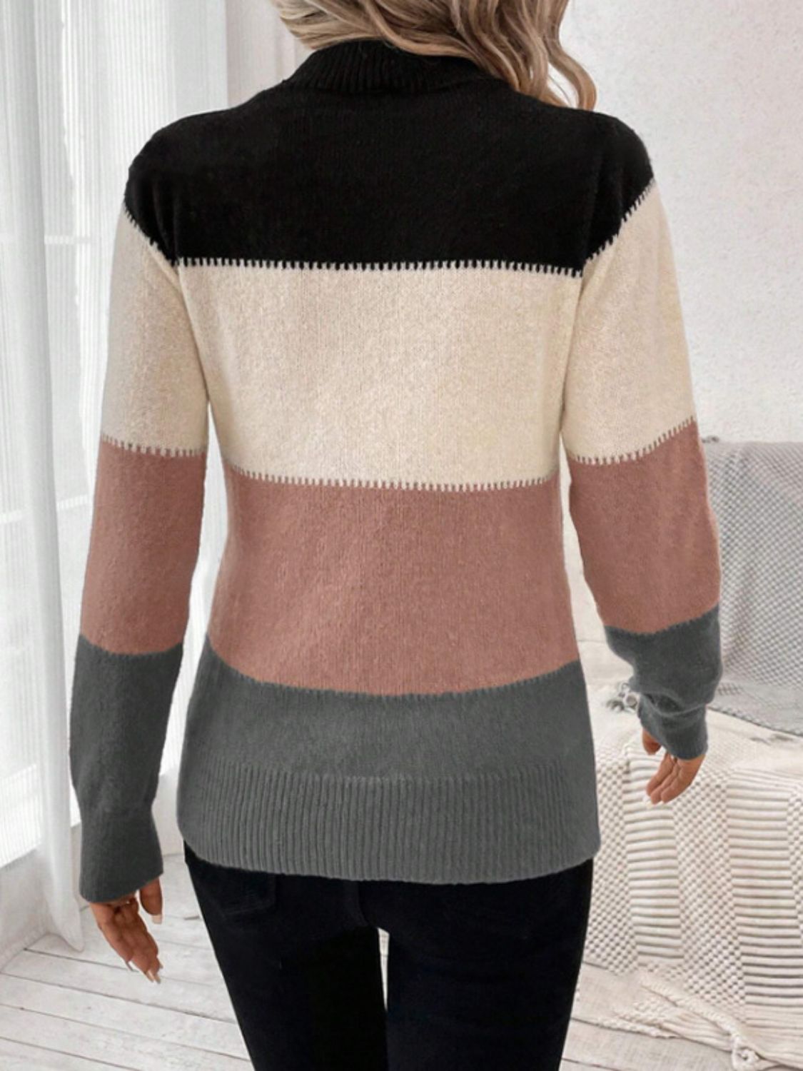Color Block Mock Neck Long Sleeve Sweater - The Goddess Galleries