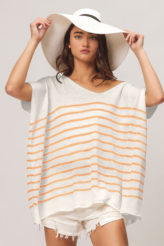BiBi V Neck Striped Short Sleeve Top - The Goddess Galleries