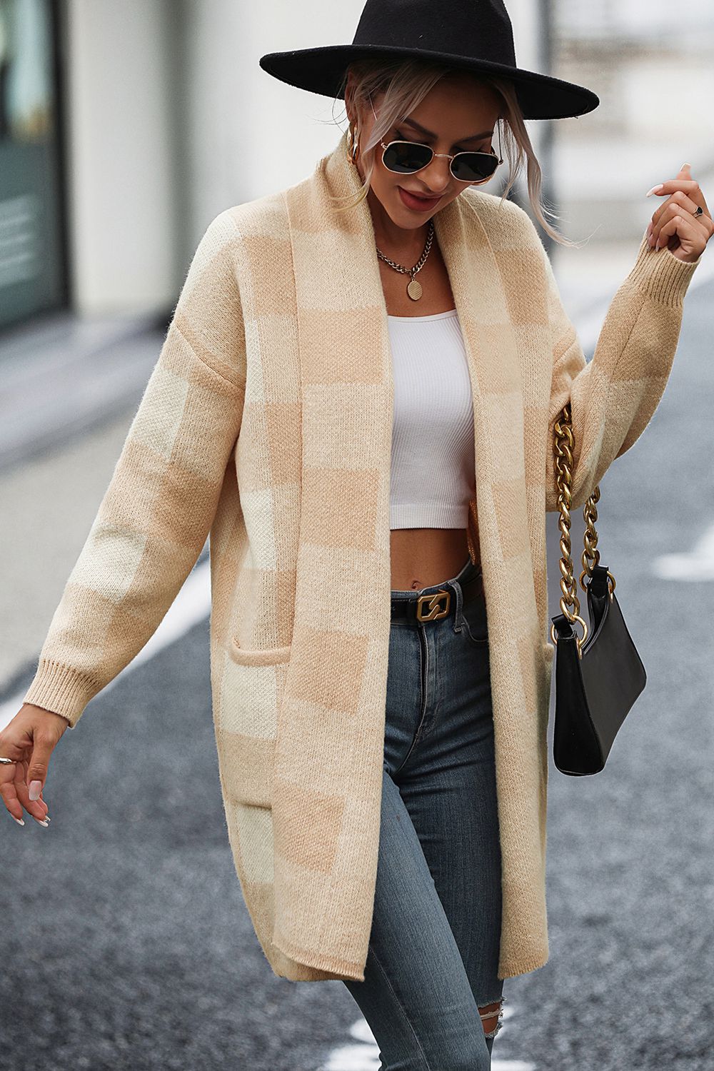 Plaid Dropped Shoulder Cardigan with Pocket - The Goddess Galleries