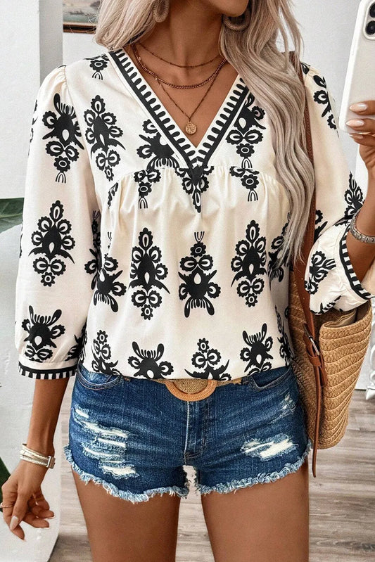 Printed V-Neck Three-Quarter Sleeve Blouse - The Goddess Galleries