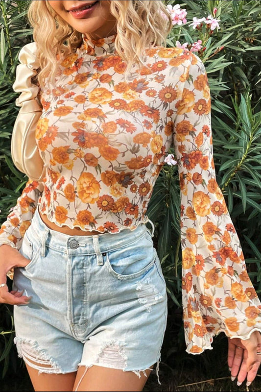 Printed Mock Neck Flare Sleeve Top - The Goddess Galleries