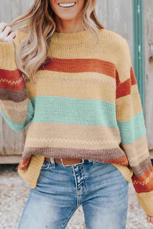 Color Block Round Neck Dropped Shoulder Sweater - The Goddess Galleries