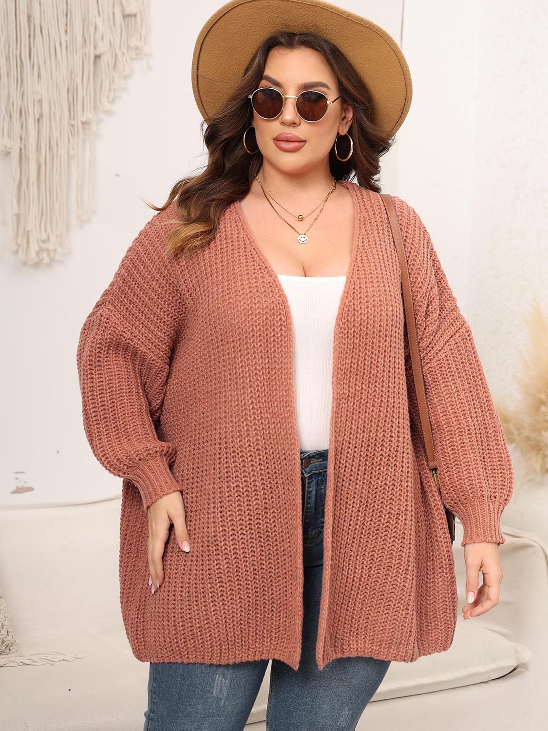 Plus Size Open Front Dropped Shoulder Knit Cardigan - The Goddess Galleries