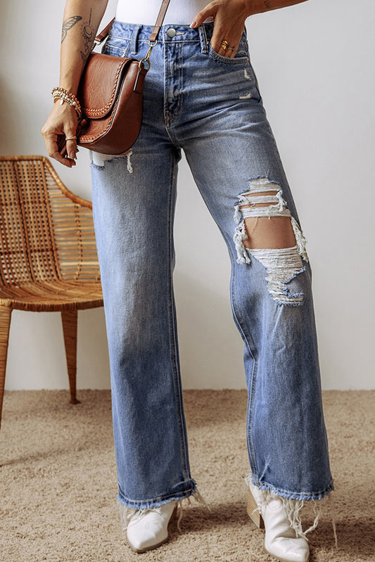 Distressed Straight Leg Jeans with Pockets - The Goddess Galleries