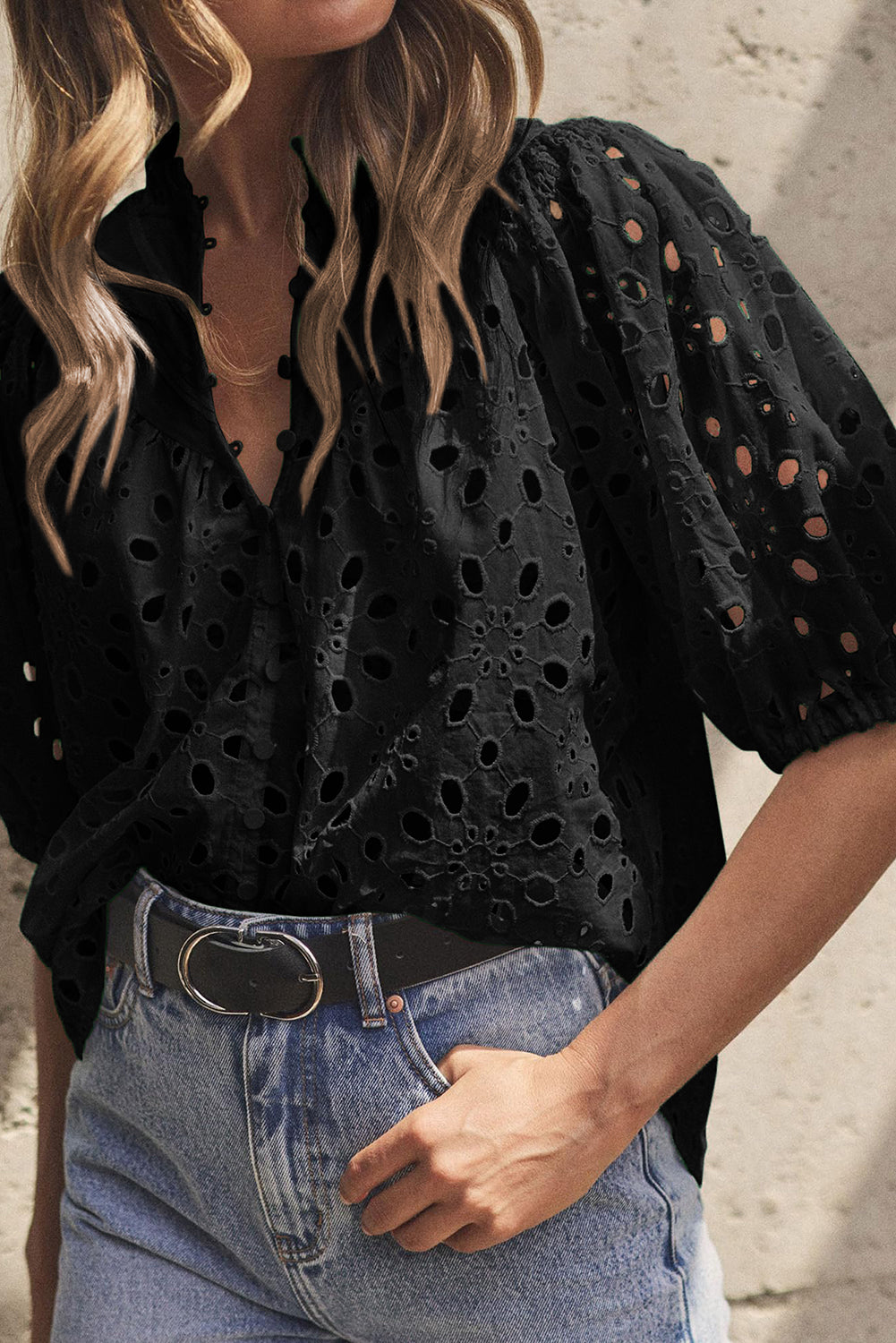 Eyelet Button Up Half Sleeve Blouse - The Goddess Galleries