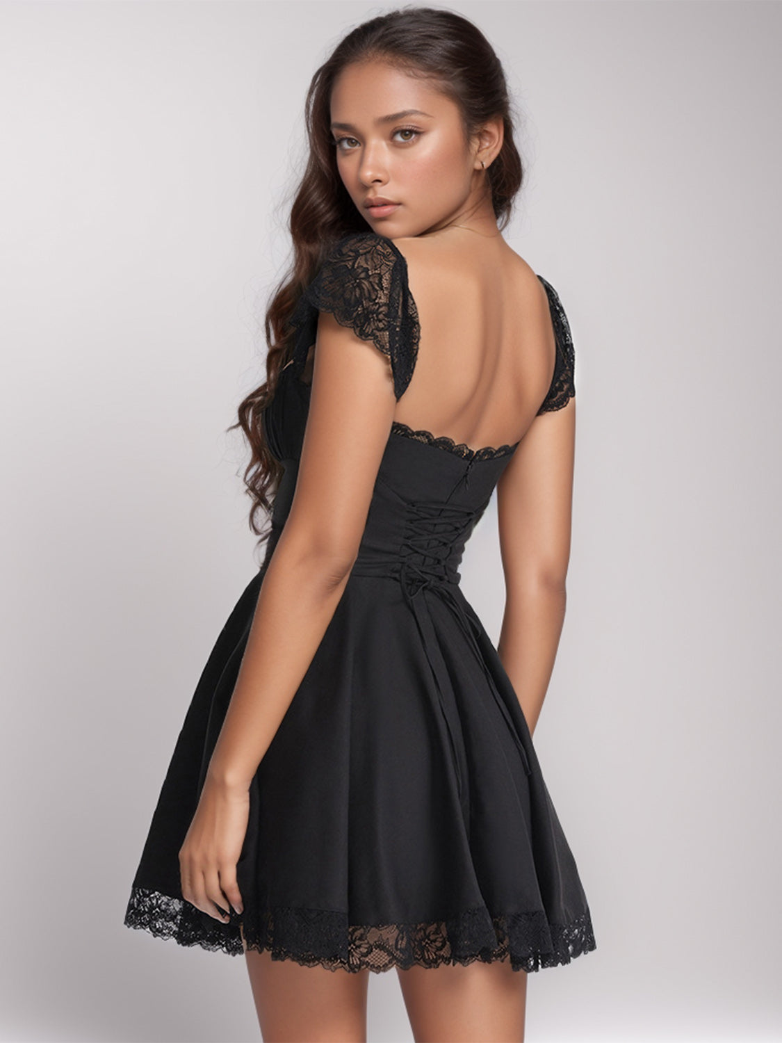 Lace Detail Square Neck Cap Sleeve Mini Dress - The Goddess Galleries