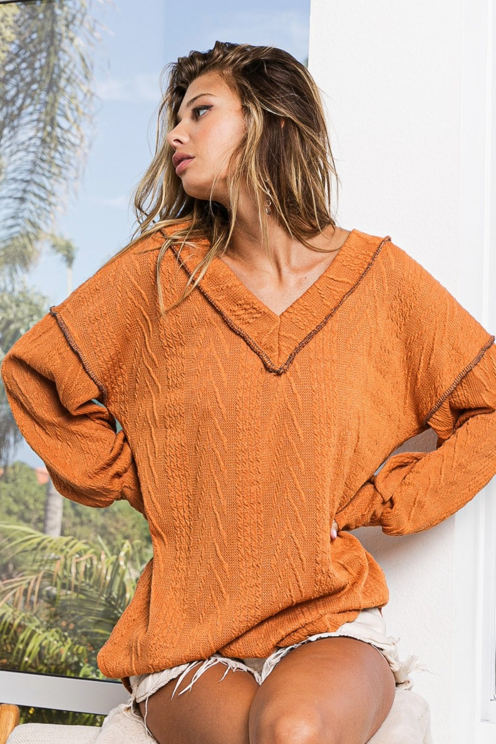 BiBi Textured Exposed Seam Drop Shoulder Knit Top - The Goddess Galleries