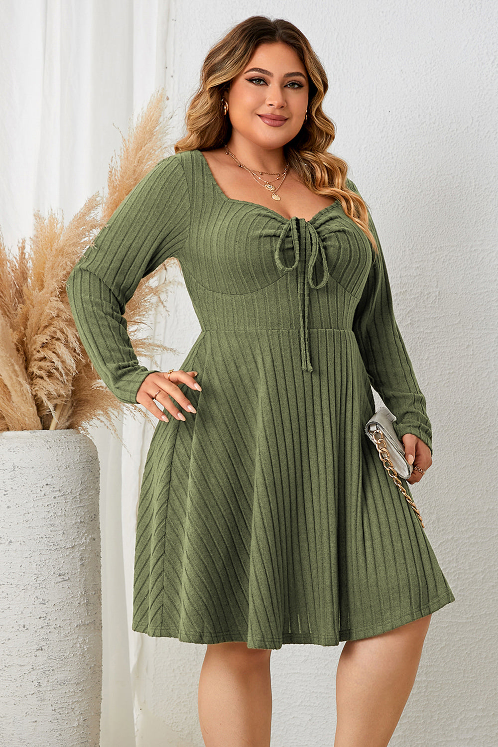 Honey Plus Size Sweetheart Neck Long Sleeve Ribbed Dress - The Goddess Galleries
