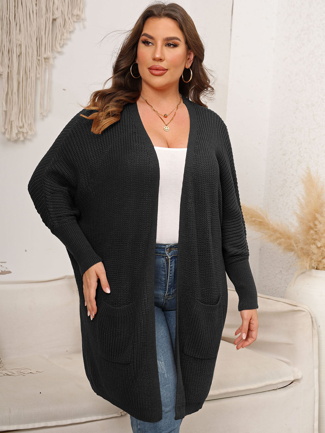 Plus Size Open Front Cardigan With Pockets - The Goddess Galleries