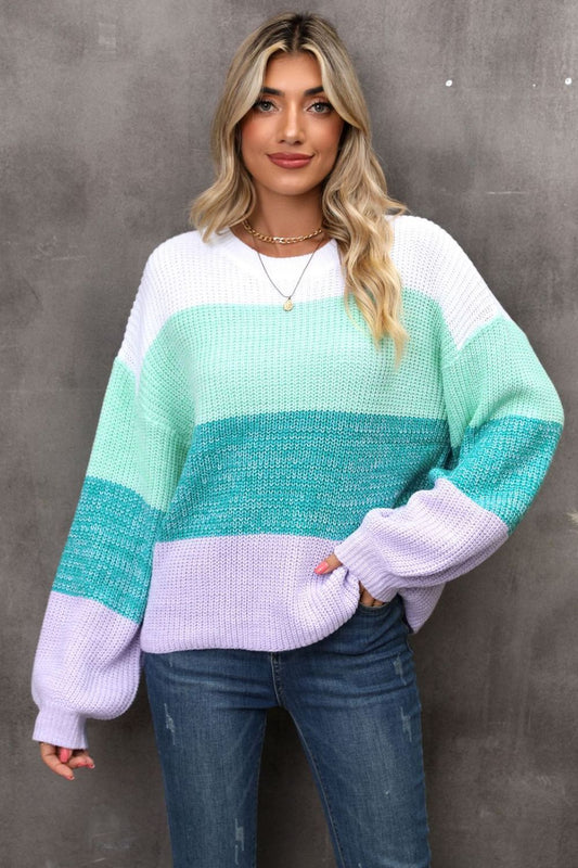 Round Neck Color Block Ribbed Pullover Sweater - The Goddess Galleries