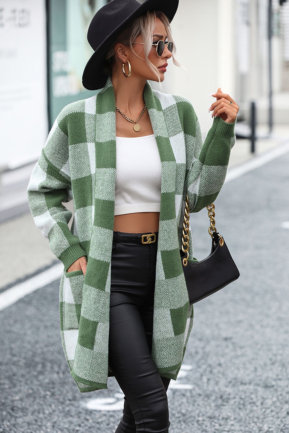 Plaid Dropped Shoulder Cardigan with Pocket - The Goddess Galleries
