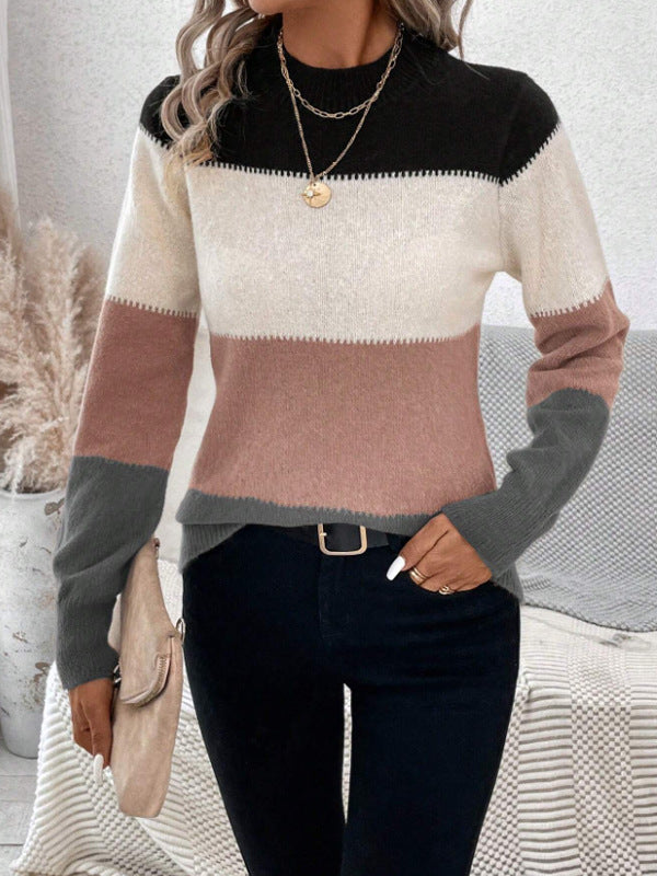 Color Block Mock Neck Long Sleeve Sweater - The Goddess Galleries